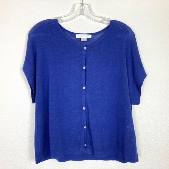 August Silk Women's Cropped Cardigan Size S Blue Linen Blend Silver Rose Buttons - Picture 1 of 5